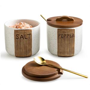 Salt and Pepper Bowl Ceramic, 10 Oz Salt and Pepper Cellar with Lid and Spoon, Farmhouse Salt Containers for Countertop, White