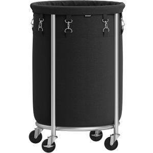 SONGMICS Laundry Basket with Wheels, Rolling Laundry Hamper, 18.5 Gal., Round Laundry Cart with Steel Frame and Removable Bag, 4 Casters and 2 Brakes, Black and Silver URLS006B01