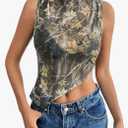 QJQ Women's Sheer Mesh Tank Tops Mock Neck Sleeveless Asymmetrical Hem Crop Top See Through Shirts Small