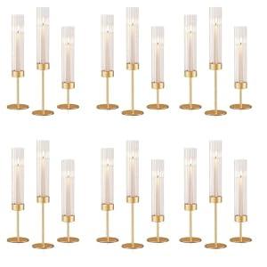 AZXTOPSEZ Gold Hurricane Candle Holders: Fluted Tall Candlestick Holders for Wedding Brass Taper Candle Holder Modern Candle Sticks Holder Decor for Table Centerpiece Christmas Party Home, Set of 18