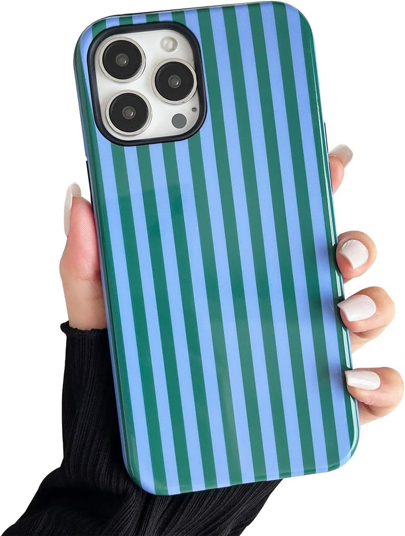 Compatible with iPhone 16 Pro Case, Cute Fashion Aesthetic Striped Pattern Cover for Women, Shockproof Soft TPU and Hard PC Protective Phone Case for iPhone 16 Pro 6.3"- Teal