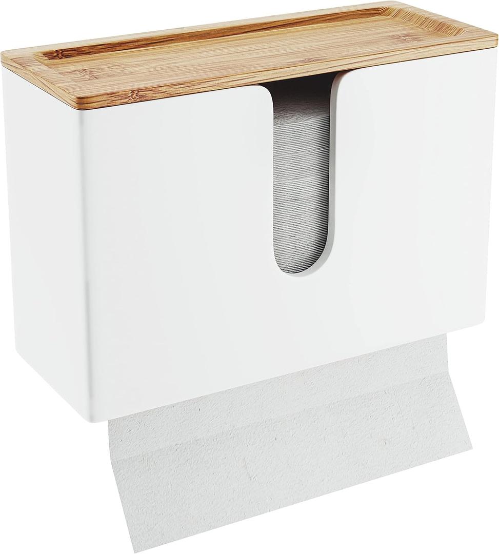 NATURE SUPPLIES Bamboo Paper Towel Dispenser with Removable Top Tray for Bathroom and Kitchen, Wall Mount and Countertop Multifold, C-Fold, Z-Fold, Tri-Fold Hand Towel Holder for Commercial Use, White