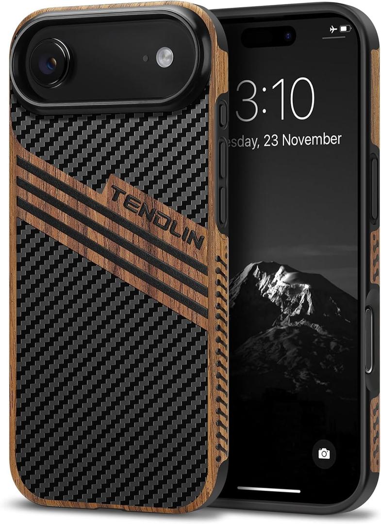 TENDLIN Compatible with iPhone Air Case Wood Grain with Carbon Fiber Texture Design Leather Hybrid Slim Case (Three Stripe)