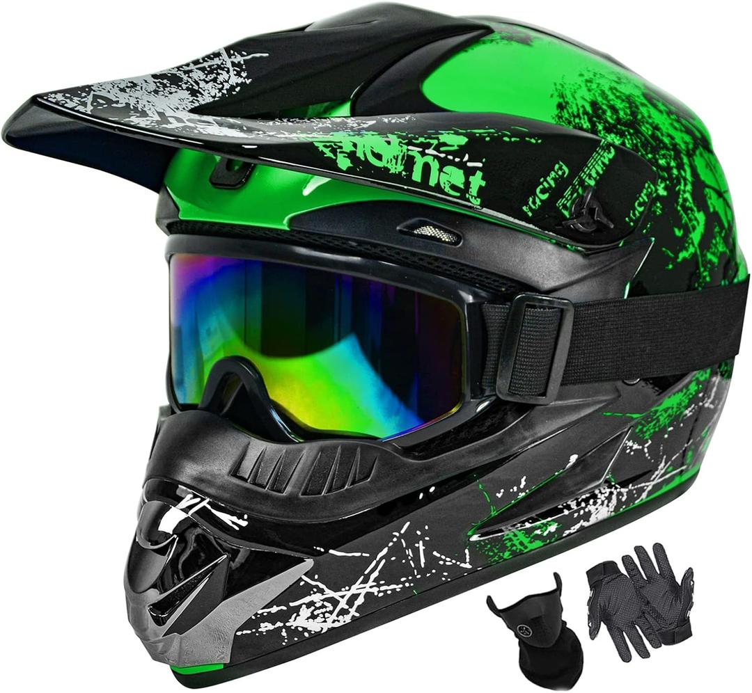 Dirt Bike Helmets Adult Motocross, Motorcycle, BMX, ATV, Off-Road, Moutain Bike Helmets Adjustable Sun Visor Dot Approved (Goggles Gloves Faceshield) (Green, Large)
