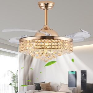 48" Dimmable Gold Fandelier Ceiling Fans with Lights and Remote Modern Retractable Blade Crystal Chandelier Ceiling Fan for Bedroom Dinning Room Living Room