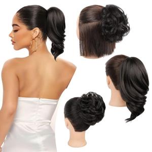 REECHO Ponytail Extension, Messy Bun Hair Pieces 3-in-1 Claw Clip in Ponytail Hair Extensions Short Natural Wavy Hair Bun Hairpieces for Women with Short Thin Hair - Black Brown