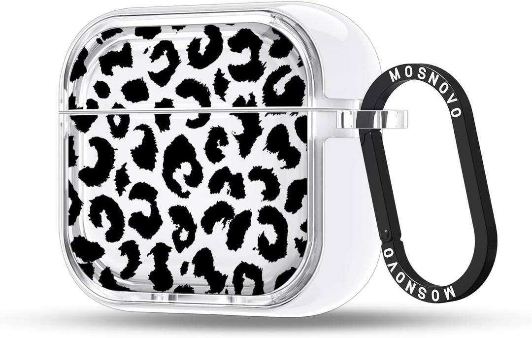 MOSNOVO Case for Airpods 4, Protective Clear Case with Shockproof Dual Layer Hard Luxe Metal Ring Designed for Airpods 4 Generation - Black Leopard Print