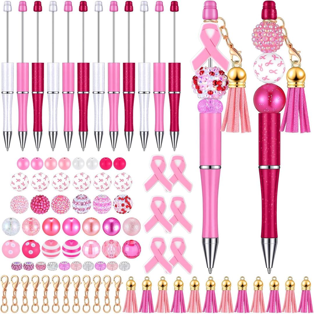 Tinlade 12 Pieces Beadable Pens Bulk with 50 Pcs Assorted Colors Beads Pens DIY Making Kit Multicolor Ballpoint Black Ink for Women Kids Students Office School(Pretty Style)