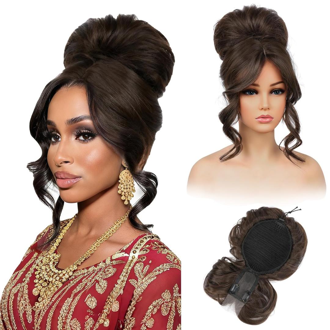 REECHO Messy Bun Hair Piece with Bangs  2-in-1 Drawstring Ponytail Extension Updo Wig & Hair Topper with Long Side Bangs, Natural-Looking Hair Bun Hairpieces for Women - Chocolate Brown