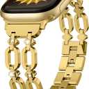 TAURI Metal Band for Apple Watch Bands 44/45/46/49mm, Adjustable Bling Diamonds Strap Fashion Cute Double Chain Thin Bracelet for iWatch Series 11/10/9/8/7/6/5/4, SE3/2, Ultra 3/2/1, Women- Gold