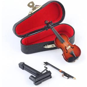 Wooden Miniature Violin with Stand, Bow and Case Mini Musical Instrument Violin Replica Collectible Figurines Dollhouse Accessories Model Home Decoration Display Ornament (3.15" x 1.18" x 0.59")