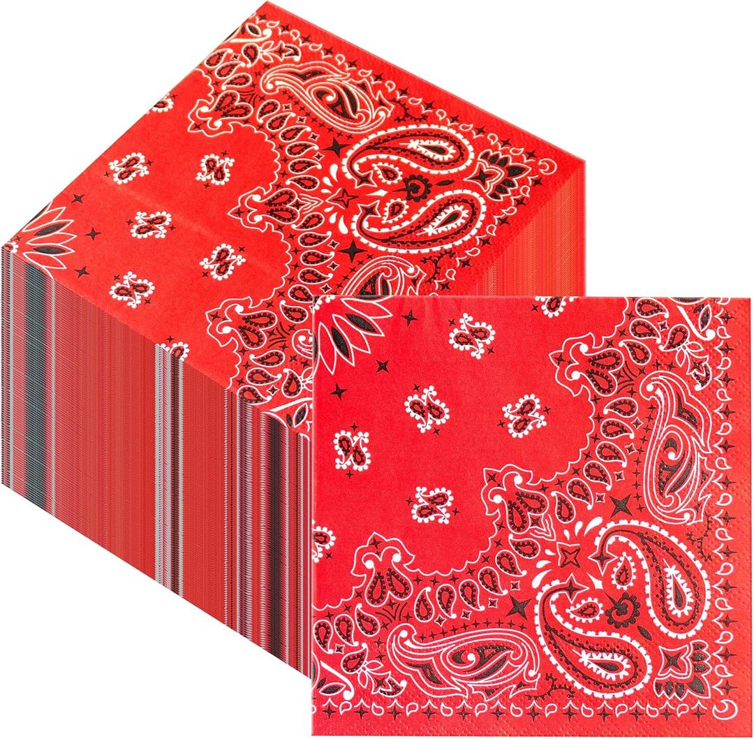 100PCS Red Bandana Cocktail Napkins, 3-Ply Disposable Paisley Print Beverage Napkins, Western Cowboy Theme Party Supplies for Birthday, Wedding, Picnic, Baby Shower (Red, 5x5 Inch)