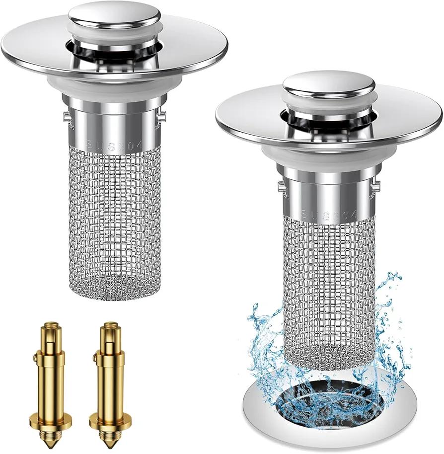 2024 New Pop Up Bathroom Sink Drain Strainer Hair Catcher, Sink Drain Stopper with Removable Stainless Steel Filter Basket,for US Bathroom Sink Stopper Replacement (2PCS)