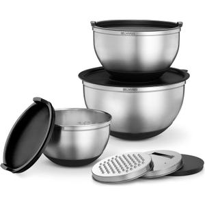 Belwares Mixing Bowls with Lids Set - Stainless Steel Nesting Bowls with Graters, Pour Spout & Non-Slip Base - Kitchen Mixing Bowls for Cooking, Baking, Salad Prep & Food Storage (Set of 3) (Black)