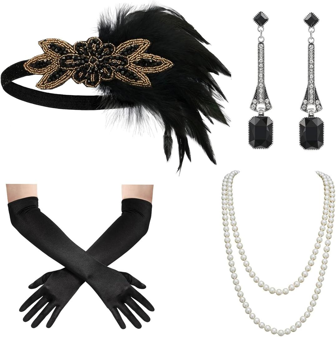 SWEETV 1920s Great Gatsby Accessories Set for Women, Flapper Headband Headpiece Roaring 20s Costume Accessories Set (F01 Black)