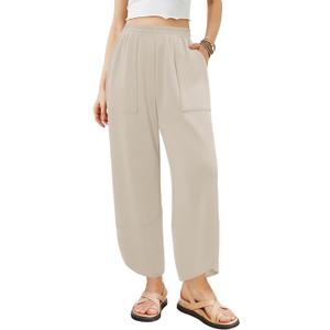 Angerella Womens Baggy Wide Leg Pants High Waisted Casual Lounge Pant Loose Comfy Stretchy Trousers with Pockets (Beige, L)