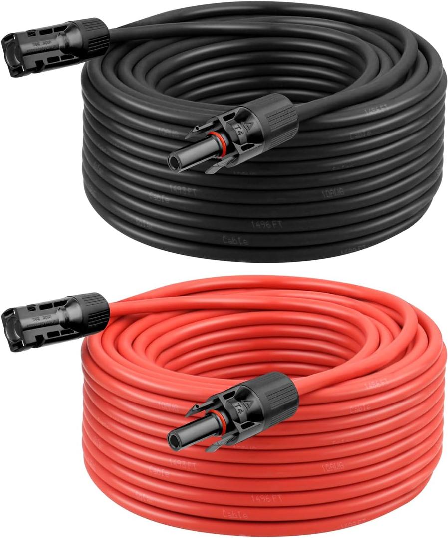 10 AWG Solar Extension Cable 100FT Black + 100FT Red, 10 Gauge Solar Panel Wire Male to Female Tinned Copper Wire for Solar Panel, Automotive, RV, Boat, Outdoors