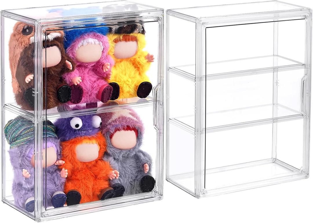 2 Pack Acrylic Display Case for Collectibles, Clear Adjustable Figure Display Case with Magnetic Door, Stackable Storage Box Showcase with 2 Shelves for Action Figures, 15-17cm Dolls, Toys