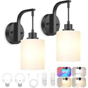 Battery Operated Wall Sconce Set of 2, Wireless Wall Sconce with Rechargeable Bulbs and Remote, 15 Colors & Dimmable, Black Sconces Wall Decor for Bedroom Living Room Hallway