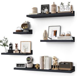 Floating Shelves for Wall Set of 5,Black Floating Shelves bathroom,30 Inch Natural Wood Book Shelf for Wall Mounted,Home Decor Display Shelving,Storage Shelves for Living Room,Bedroom,Kitchen