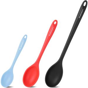 PUCKWAY 3 Pcs Silicone Spoons Set of 7.9 10.6 14.2 inch for Cooking, Heat Resistant Kitchen Spoons for Mixing, Stirring, and Serving, Small to Large Non Stick (Black & Red & Blue)