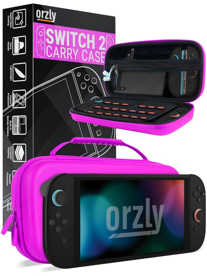 Orzly Case Compatible with Nintendo Switch 2  Protective Travel Carry Case with Screen Padding, Game Card & microSD Slots, Zipped & Open Pockets for Accessories  7.9" Gift Boxed (Hot Pink)
