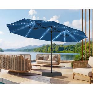 SUPERJARE 15ft Large Patio Umbrella with Base included, Double Sided Outdoor Umbrella with Solar Lights, Pool Umbrella with Fade Resistant Canopy for Deck, Porch, Yard, Balcony, Navy Blue