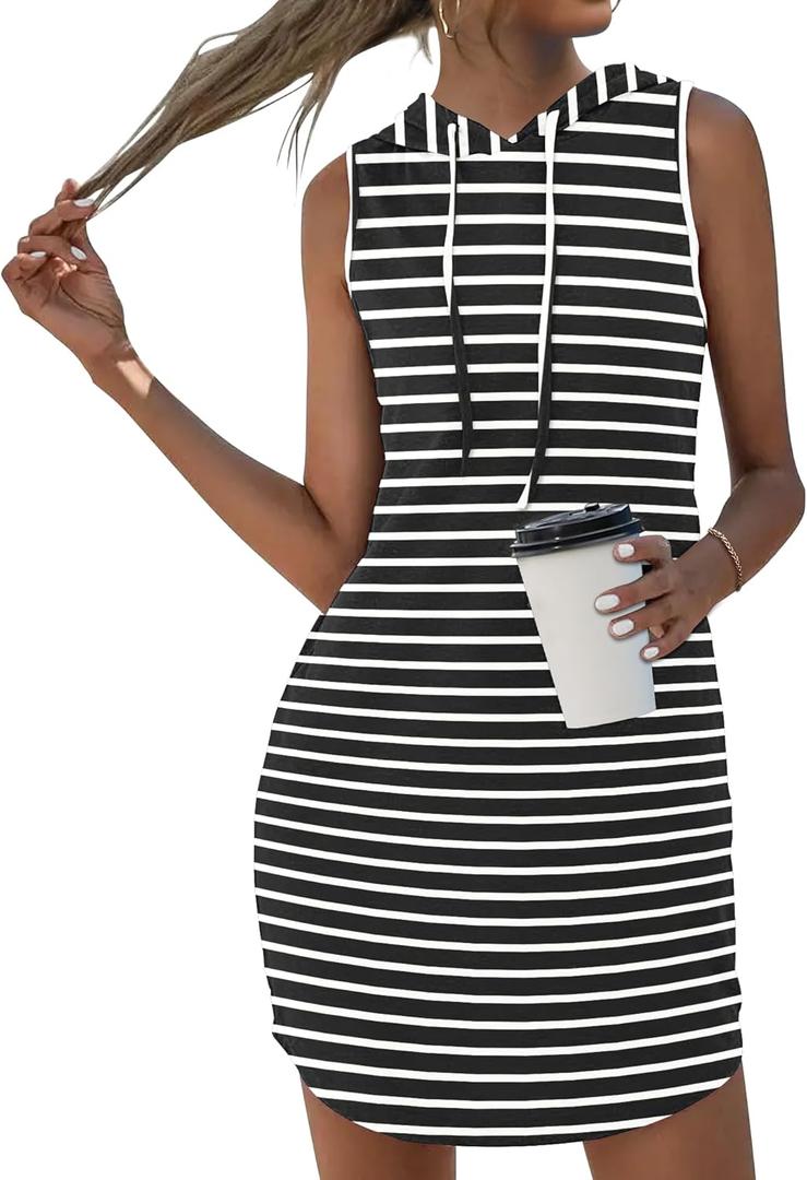 AUSELILY Womens Summer Dresses 2025 Casual Sleeveless Sweatshirt Dress Drawstring Hoodie Mini Dress with Pockets (Black, L)