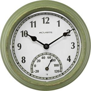 AcuRite 02470 Rustic Green Outdoor Clock with Thermometer, 8.5"
