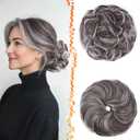 BARSDAR 2 PCS Grey Messy Bun Hair Pieces - Elastic Brown Mix Gray Messy Bun Scrunchies Hair Extensions for Women - Soft Synthetic Thick Fluffy Grey Updo Chignons Salt and Pepper Hairpieces Daily