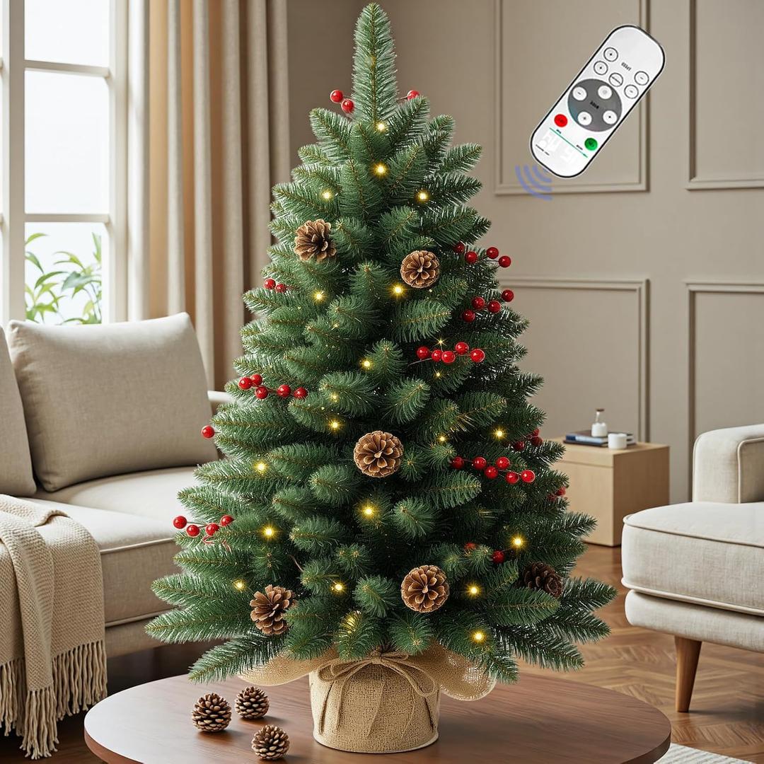 4ft Prelit Artificial Small Christmas Tree with Warm White Multi-Color LED Lights, Remote Control and Timer Operated, Metal Stand Red Berries & Pine Cone Slim Pencil Decoration for Indoor/Outdoor