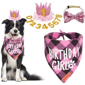 ADOGGYGO Dog Birthday Party Supplies, Multi Size Offered, Birthday Girl Dog Bandana, Pink Party Hat Crown with Numbers for Medium Large Dogs Pets (Large)