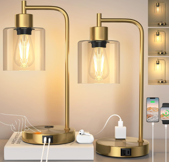 QiMH Set of 2 Industrial Touch Control Table Lamps with 2 USB Ports and 2 AC Outlets, 3-Way Dimmable Bedside Nightstand Reading Lamps with 2700K LED Bulbs, Glass Desk Lamp for Living Room,Bedroom