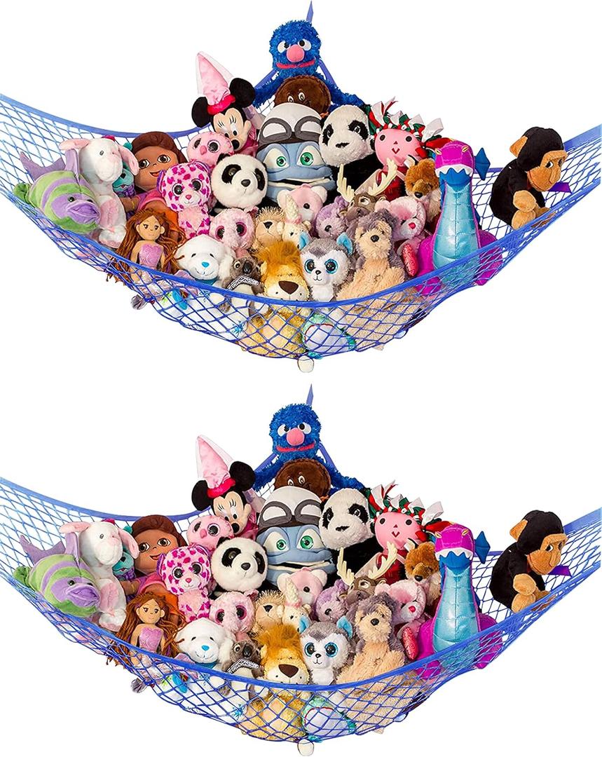 Lilly's Love Stuffed Animal Hammock | Corner Hanging Organizer, Stuffed Animal Storage | Easy to Hang Plushie Net w/Included Anchors & Hooks | Cute Room & Bedroom Decor (Blue, 2 Pack)