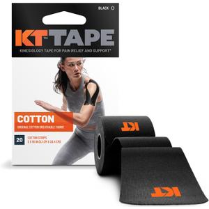 KT Tape, Original Cotton, Elastic Kinesiology Tape, Everyday Muscle and Joint Support, Daily Pain Relief, 20 Count, 10 Precut Strips, Black