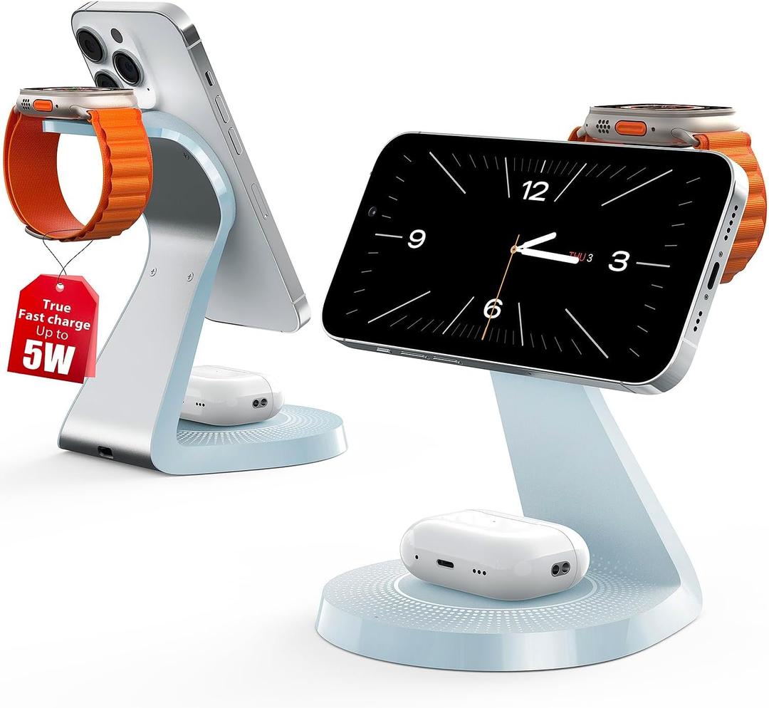 3 in 1 Charging Station for Apple Devices,Mag-Safe Charger Stand Fast Charging,Wireless Charger for iPhone 16/15/14/13/12 Series,& AirPods,& iWatch(USB Charger Included) (Light Blue)