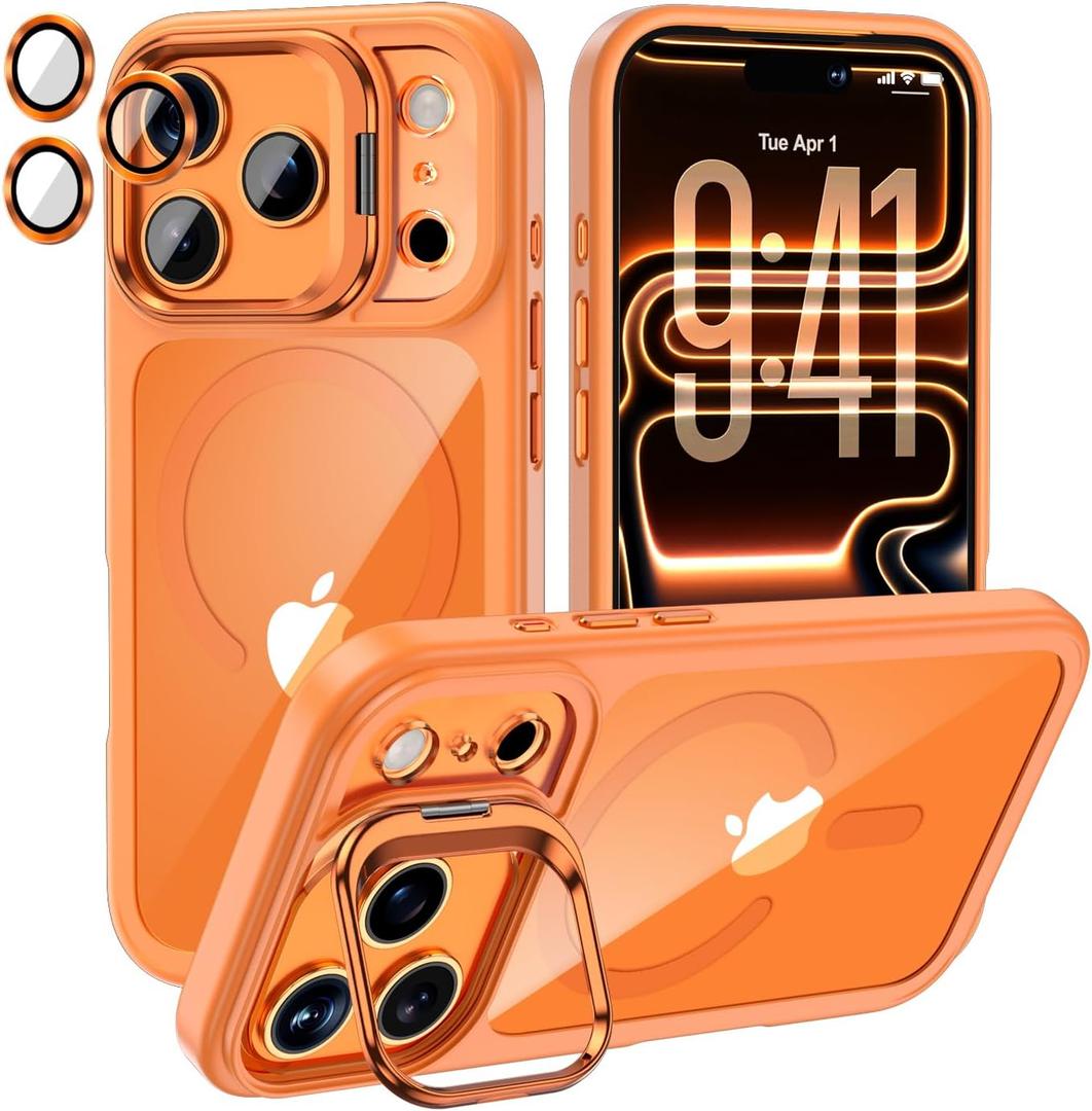 MEIMIOU for iPhone 17 Pro Max Case with Camera Stand & Camera Lens Protector,Compatible with MagsafeSlim Thin Transparent Cover Clear Orange, Military Grade Shockproof Protective Rugged case 6.9''
