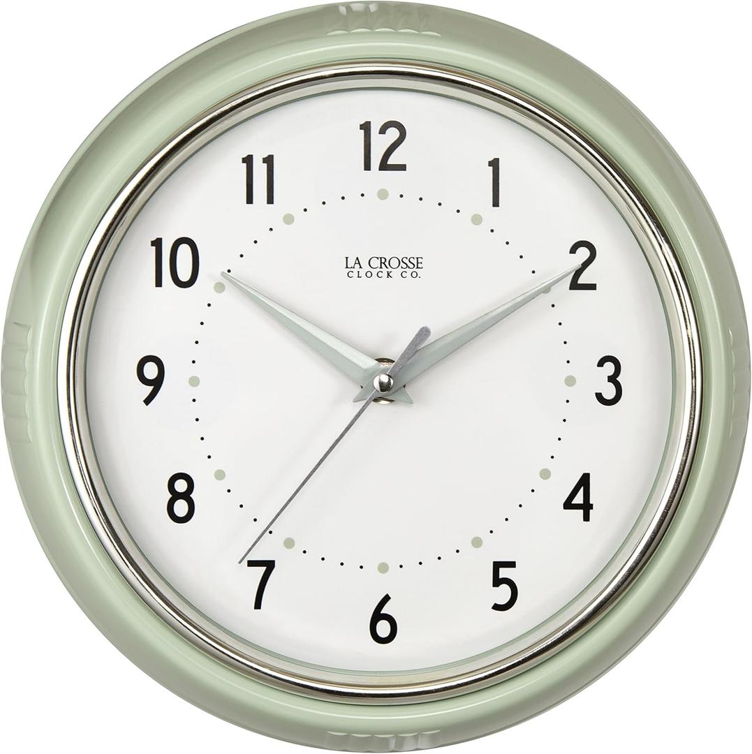 La Crosse Clock 9.5-inch Retro Diner Light Pistachio Green Silent Sweep Quartz Clock - 404-3024PH