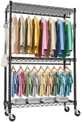 M MZG Heavy Duty Rolling Garment Rack 3 Tiers Adjustable Wire Shelving Clothes Rack with 2 Rods and Side Hooks, Storage Closet Clothing Rack with Wheels Black 17.7" D x 47.2" W x 83.6" H