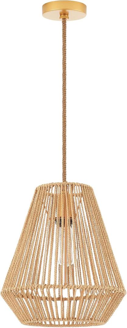 Woven Pendant Lights Hanging Lamp with 12" Hand Rattan Basket Shade Antique Brass Brush Paint Finish for Kitchen Island Farmhouse Dining Room Bar Bedroom Foyer Hallway, Pack of 2