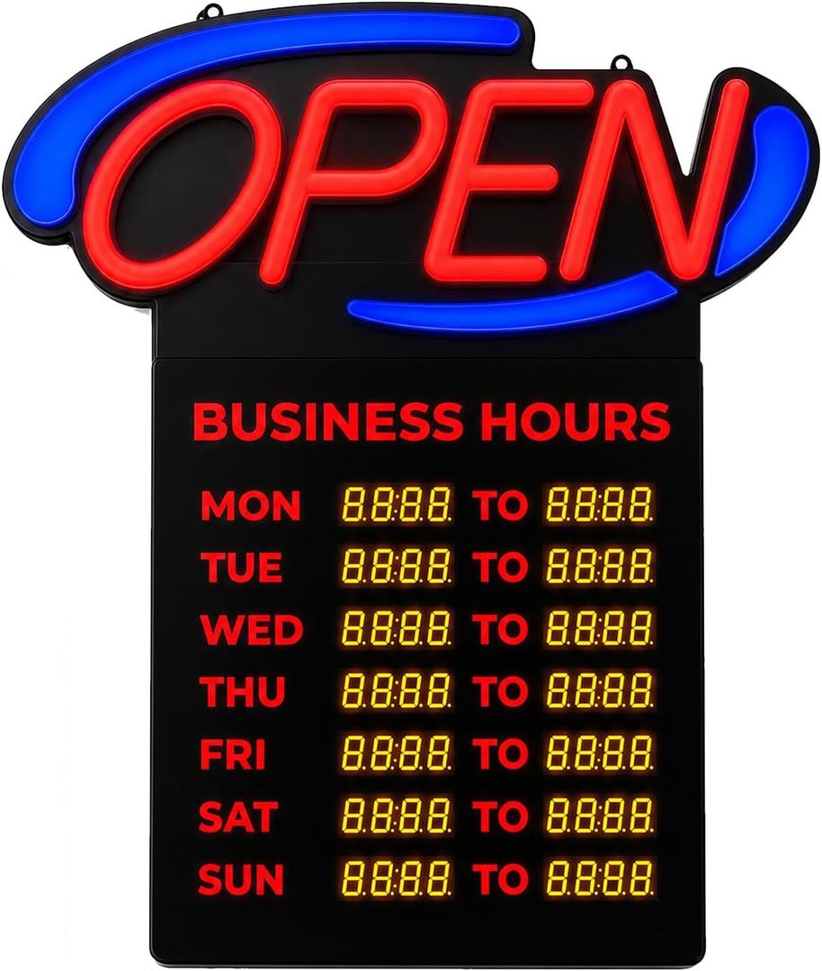 Programmable LED Open Sign with Business Hours, Remote Control， Business Hour Sign, Ultra Bright Large 21.26" x 23.62" LED Open Signs for Business Storefront Window, Coffee, Bakery, Bar, Salon