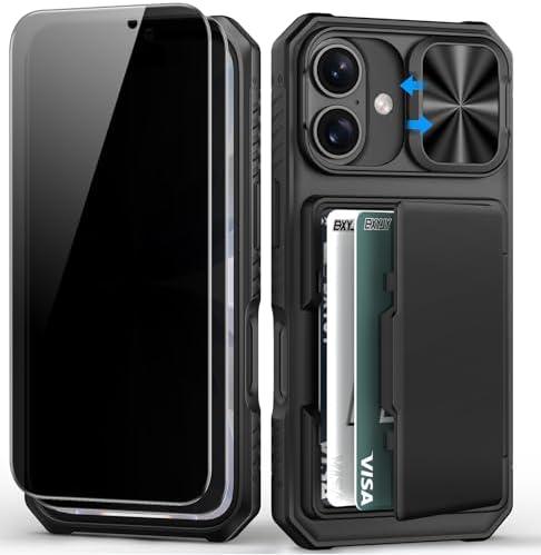 BXYJY for iPhone 17 Case Wallet，2 Privacy Screen Protectors, Card Holder (4-5 Cards), Slide Camera Cover, Military Grade Drop Prortection, Heavy Duty Men Women Phone Case for iPhone 17, Black