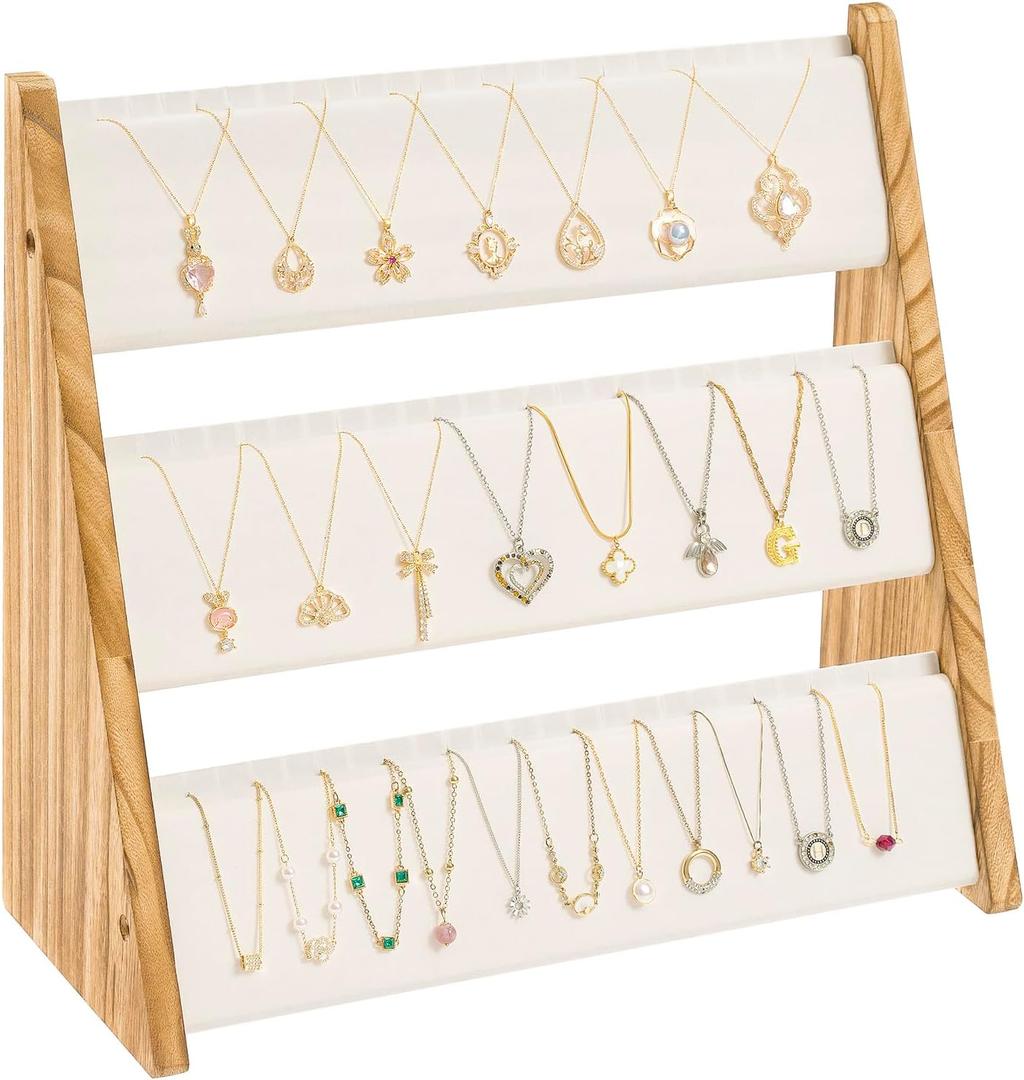 Necklace Holder, 3 Tier Necklace Organizer Stand with White Velvet, Wood Necklace Display Stands for Selling, Jewelry Display Stand for 72 Necklaces Bracelets (Brown)