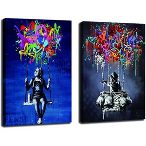 Framed Banksy Street Graffiti Wall Art Decor Large Abstract Pictures Canvas Painting Prints Colorful Modern Contemporary Poster Artwork Stretched for Wall Home Bathroom Bedroom Living Room Ready Hang