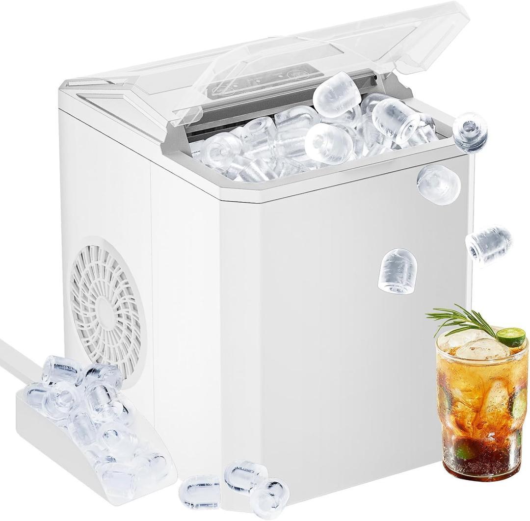 DUMOS Portable Ice Maker for Countertop, 26.5lbs/Day, Fast Ice Making in 6 Mins, 9 Bullet Ice Cubes, 2 Ice Sizes, Self-Cleaning Quiet Compact Ice Machine for Home, Kitchen, White