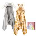 Momcozy Baby Bath Towels with Visualize Health Label - Ultra Soft & Absorbent Coral Fleece Hooded Towels for Newborn, Infant, Toddler (0-36 Months) Bath Essentials (Large Size, 2 Pack) (Giraffe and Rabbit)