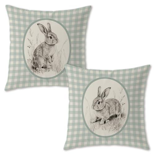 Trenstise Green Checkered Easter Bunny Pillow Cover 18x18, Rustic Vintage Botanical Spring Rabbit Gingham Plaid Decorative Throw Pillow Cover for Home Bedroom Living Room, Set of 2