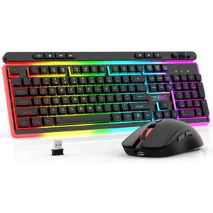 Wireless Keyboard and Mouse Combo, Gaming Keyboard Rechargeable Cool RGB Backlight, 7KEYS Full-Size Keyboard with Ergonomic, Light up Gaming Mouse 3200 DPI for PC Desk/Laptop/MAC