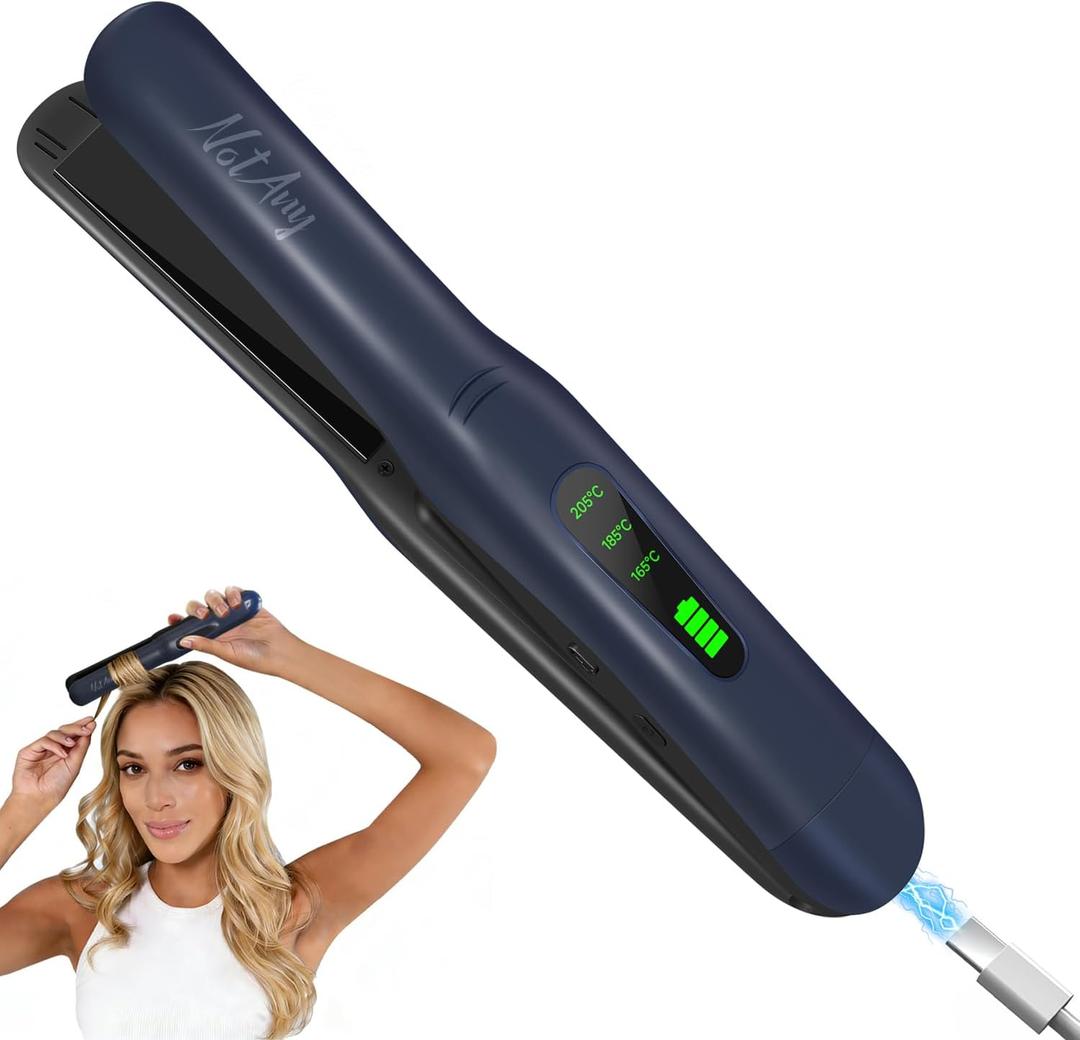 Cordless Hair Straightener, Portable Hair Straightener, Dual Voltage Travel Hair Straightener, 2-in-1 Straightener & Curler, USB-C Fast Charging, Titanium Alloy Panel, with Clips - Blue-Grey
