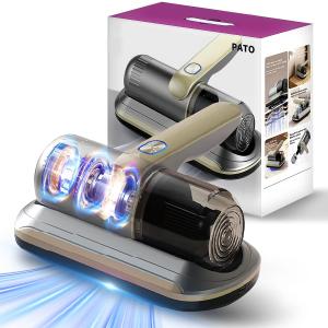 PATO Mattress Vacuum Cleaner, Wireless Handheld Bed Vacuum Cleaner with UV-C Light, HEPA Filter and Ultrasonic Vibration, 12KPa, Suitable for Beds, Sofas, Car Seats, Carpets (Golden)